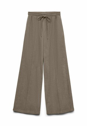 Pantalones de pierna ancha en una suave y texturizada tela verde oliva. Presentan una cinturilla elástica con cordón. Sin bolsillos ni patrones visibles.