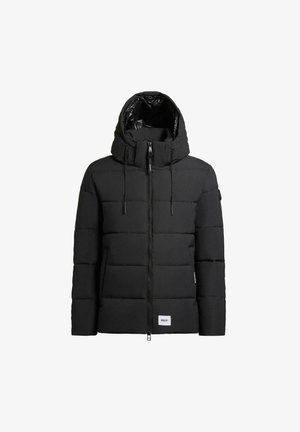 Black puffer jacket with a high collar and adjustable hood. Features a front zipper, vertical quilting, and a brand label on the lower front.