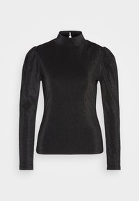 Svart långärmad topp med hög hals, glittrande textur och puffiga axlar, tillverkad av syntetiskt material. Har en nyckelhålsutskärning i ryggen.