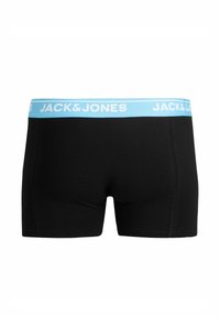 Sorte boxershorts med en lyseblå elastisk linning med "JACK & JONES" i hvid tekst. Fremstillet af blødt stof, designet for komfort.