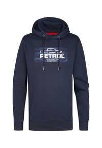 Námořnická modrá mikina s grafickým potiskem na přední straně. Obsahuje kapuci se šňůrkami, žebrované manžety a lem. Materiál se zdá být měkký a texturovaný.