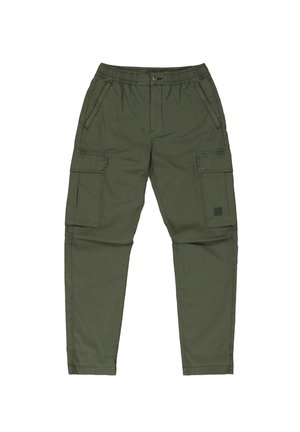 Green cargo pants made of cotton, featuring an elastic waistband, multiple side pockets, and a tapered leg design.