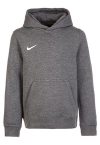 Felpa Nike di colore grigio scuro con tasca frontale, maniche lunghe e logo Nike swoosh bianco sul lato sinistro del petto.