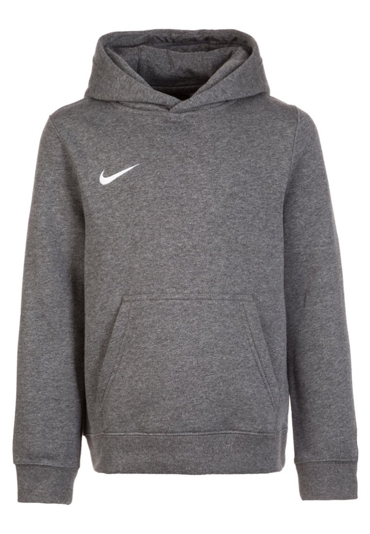 Felpa Nike di colore grigio scuro con tasca frontale, maniche lunghe e logo Nike swoosh bianco sul lato sinistro del petto.