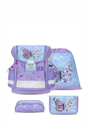 Purple backpack with butterfly designs, includes matching drawstring bag, pencil case, and wallet. Features textured materials and reflective accents.