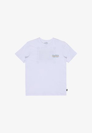 Biały t-shirt z krótkim rękawem z małym kolorowym napisem i wzorem Billabong na lewej piersi, okrągłym dekoltem i małą czarną metką po boku.
