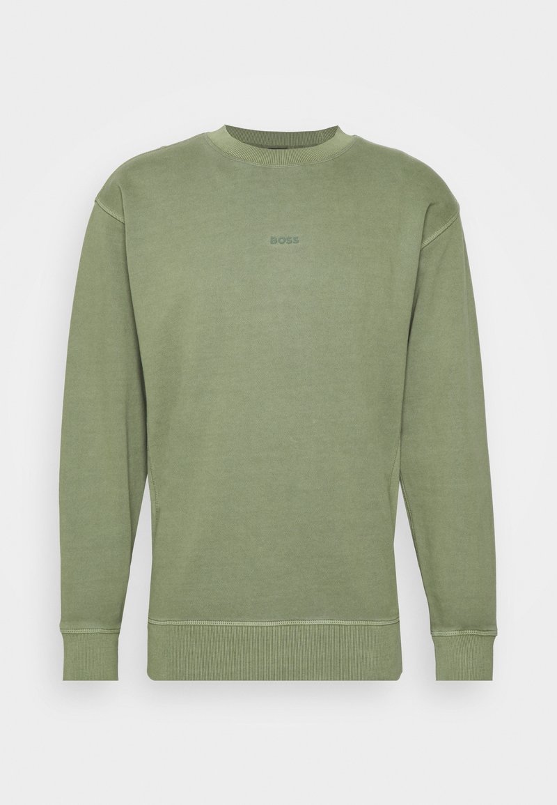 Felpa a maniche lunghe verde oliva con collo a giro, con polsini e orlo a costine, caratterizzata da un piccolo logo "BOSS" centrato sul petto.