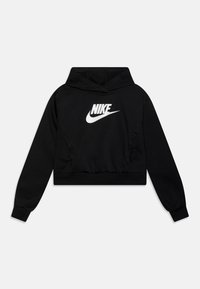 Czarna cropowana bluza z kapturem wykonana z miękkiego materiału, z białym logo Nike na przodzie. Posiada klasyczny kaptur i ściągacze.