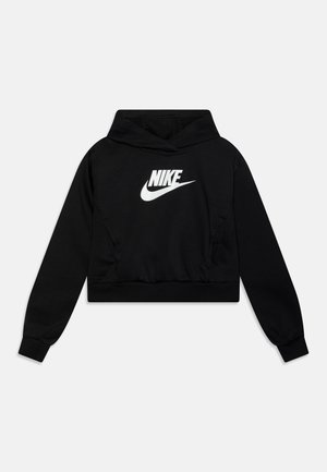 Zwarte cropped hoodie van zacht materiaal met een wit Nike-logo op de voorkant. Heeft een klassieke capuchon en geribbelde manchetten.