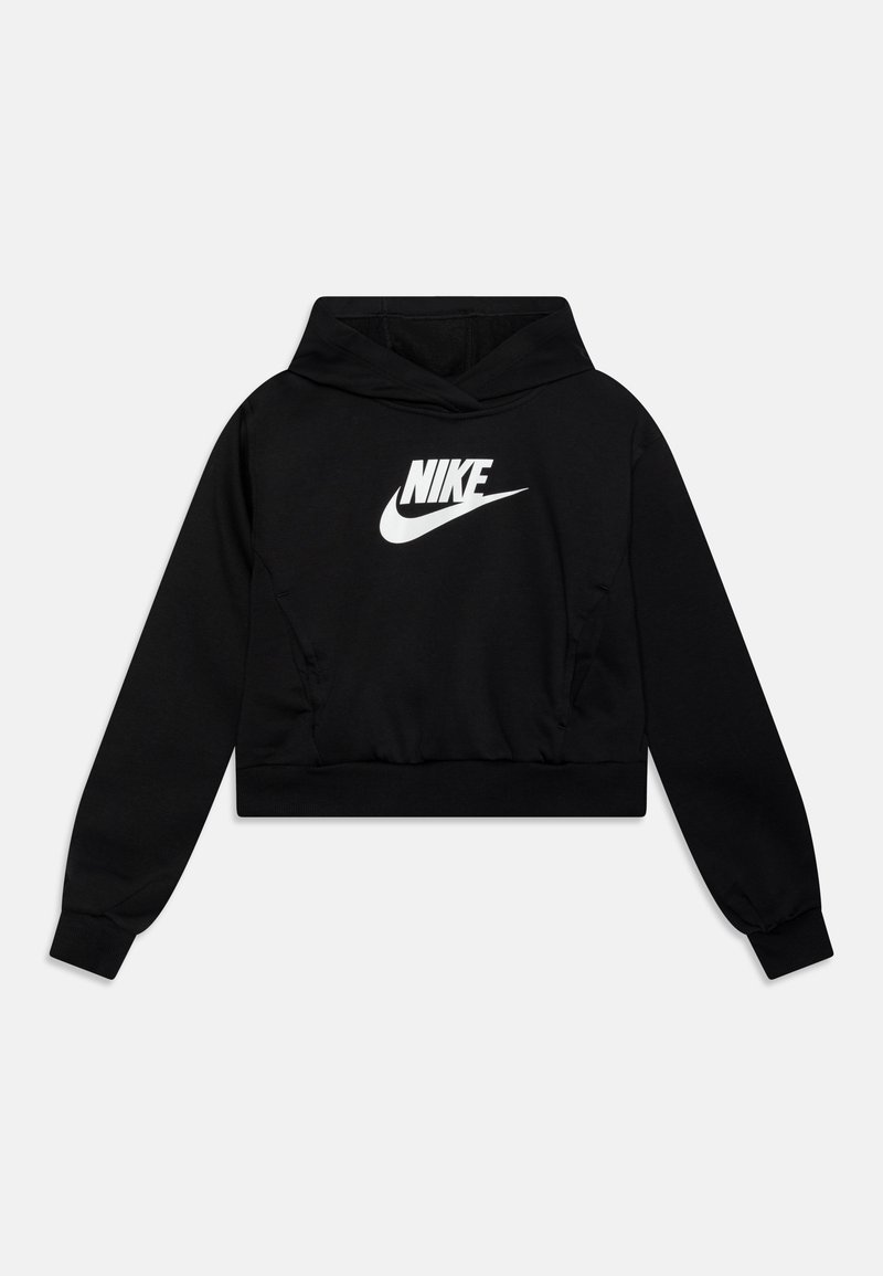 Czarna cropowana bluza z kapturem wykonana z miękkiego materiału, z białym logo Nike na przodzie. Posiada klasyczny kaptur i ściągacze.