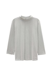 T-shirt long-gris texturé à manches longues avec un col montant, présentant un motif de grille et des fentes latérales pour un détail de design supplémentaire.