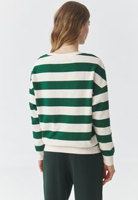 Pull rayé vert et blanc en tissu doux, avec des manches longues et une coupe décontractée. L'encolure est ronde avec des détails en côte.