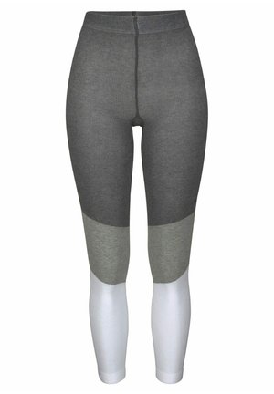 Leggings mit einem dreifarbigen Design in Dunkelgrau, Hellgrau und Weiß. Hergestellt aus einem strukturierten, dehnbaren Material.