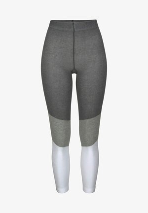 Leggings mit einem dreifarbigen Design in Dunkelgrau, Hellgrau und Weiß. Hergestellt aus einem strukturierten, dehnbaren Material.
