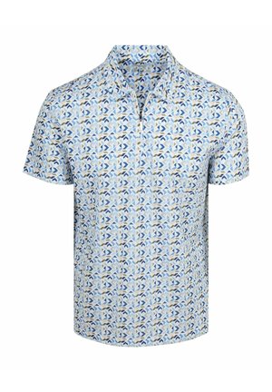 Kortärmelig overhemd met kraag met een geometrisch blauw, beige en wit patroon en een gedeeltelijke ritssluiting aan de voorkant.
