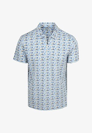 Kurzärmliges Hemd mit Kragen, geometrischem blau-beige-weißem Muster und teilweisem Reißverschluss vorne.