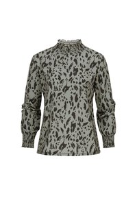 Olivengrøn bluse med sort dyreprint, med en smocket høj krave og puffede ærmer, lavet af et glat stof.