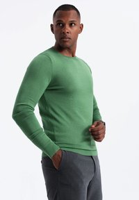 Grüner Pullover mit langen Ärmeln in einem gerippten Strickmuster, Rundhalsausschnitt, kombiniert mit grauen Hosen, die Hände in den Taschen.