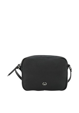 Schwarze Leder-Crossbody-Tasche mit Reißverschluss, rechteckiger Form, strukturiertem Oberflächen und silbernem Logo auf der Vorderseite. Verstellbarer Trageriemen.