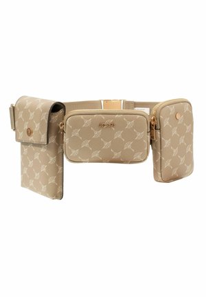 Bolsa cinturón beige con tres compartimentos, patrón floral y cremalleras y logotipo en tono dorado, diseñada para llevarse alrededor de la cintura.
