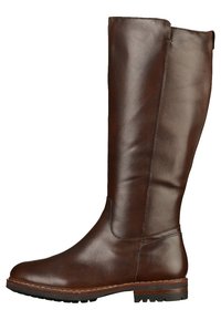 Brązowy, skórzany kozaki do kolan o gładkiej fakturze, zaokrąglonym czubku, solidnym obcasie i minimalistycznym przeszyciu wzdłuż krawędzi.