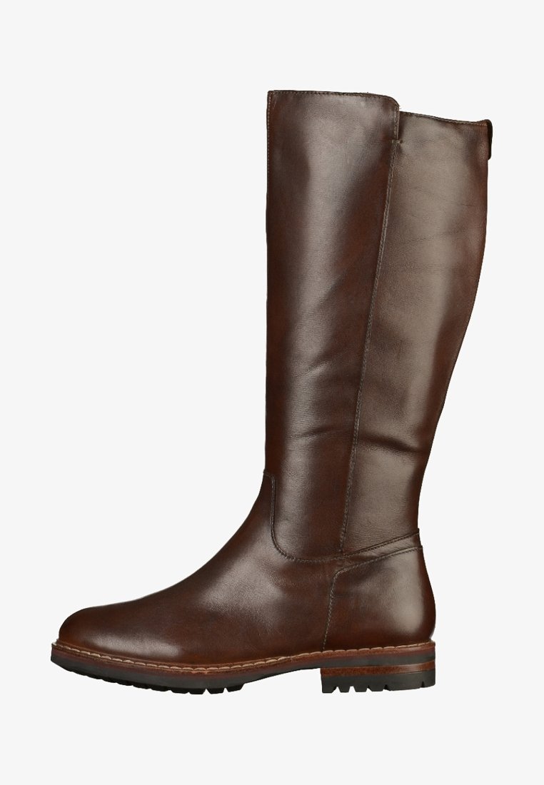 Brązowy, skórzany kozaki do kolan o gładkiej fakturze, zaokrąglonym czubku, solidnym obcasie i minimalistycznym przeszyciu wzdłuż krawędzi.