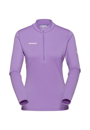 Light purple long-sleeve pullover with zip neckline. Smooth texture, fitted design, and logo on the front. Stretchable fabric for comfort.