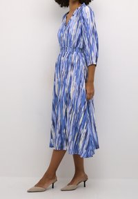 Sinisen kuviollinen mekko, jossa on kolmivartiset hihat, V-pääntie, rypytetty vyötärö ja valuva hame; yhdistettynä beigeihin korokepolkuisiin kengiksi.