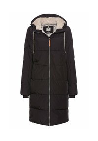 Zwarte pufferjas met een ritssluiting, faux-shearling gevoerde capuchon, trekkoorden en geribde manchetten; beschikt over een boxy silhouet en een gevoerd patroon.