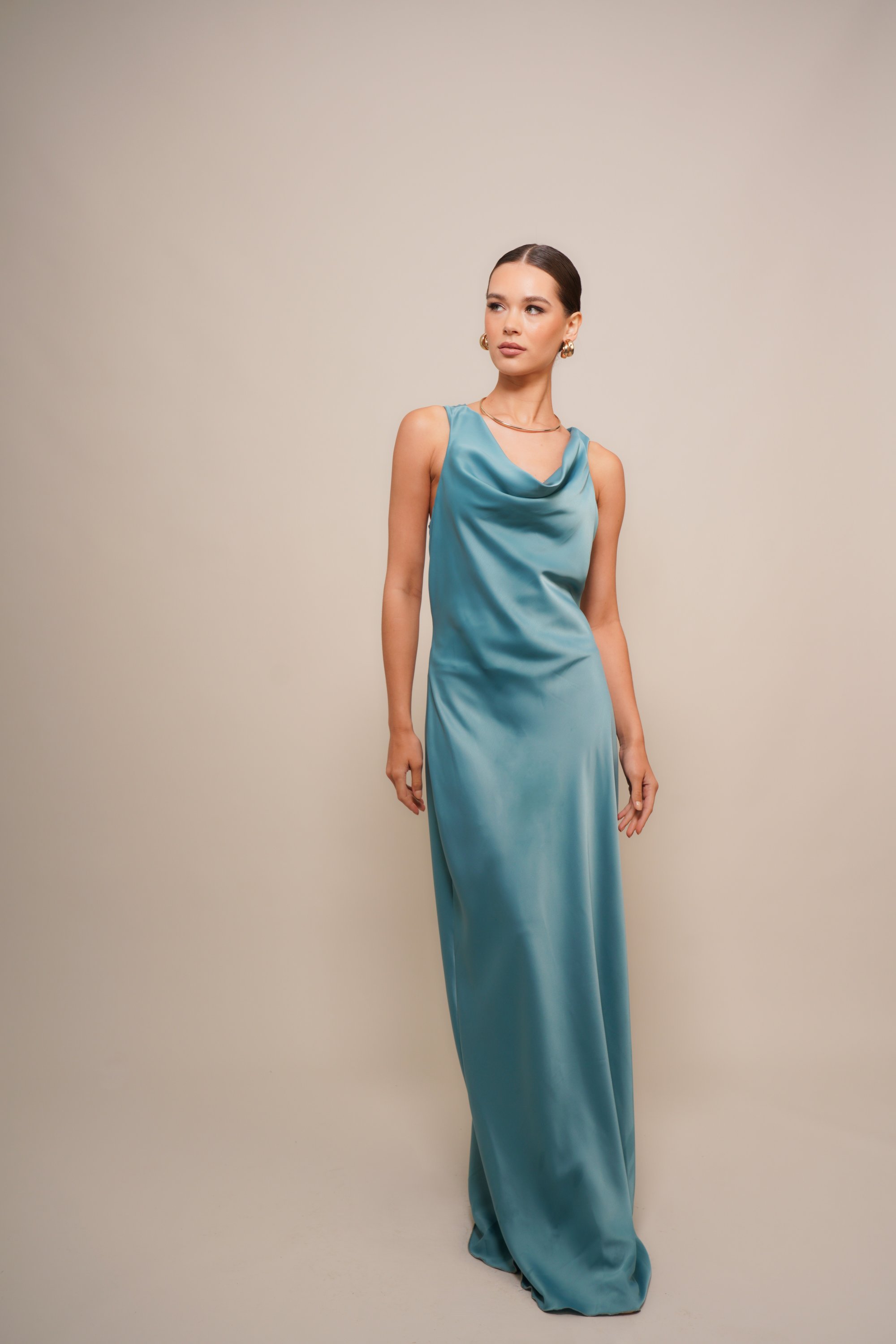 rustic green dresser Clarissa Satin Draped Cowl Neck Dress, Green Animal – Jolie Moi Retail main image 0