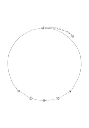 Delicato girocollo con catena d'argento e cinque piccoli ciondoli a forma di cuore aperto, disposti uniformemente, con chiusura a moschettone regolabile.