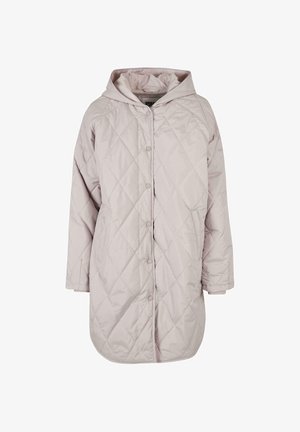 Gepolsterter, hellrosa Mantel mit einem Rautenmuster, Kapuze und Druckknopfverschluss. Verfügt über lange Ärmel und eine lockere Passform.