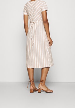 Frau trägt ein beige-weiß gestreiftes Midikleid mit kurzen Ärmeln und braune Sandalen mit Blockabsatz und Knöchelriemen und steht vor einem unifarbenen Hintergrund.