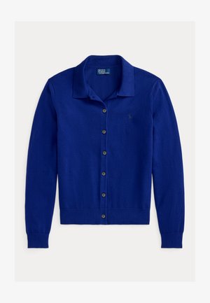 Cardigan blu reale realizzato in morbido tessuto lavorato a maglia, con collo a camicia, chiusura con bottoni sul davanti e maniche lunghe con polsini a costine.