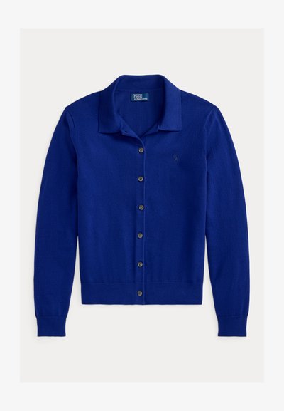 Ρουά μπλε ζακέτα από απαλό πλεκτό ύφασμα με γιακά, κουμπιά μπροστά και μακριά μανίκια με μανσέτες ριμπ.