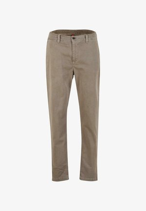 Chino in cotone beige con una vestibilità dritta, dotati di passanti per cintura, chiusura a bottone e una texture morbida. Ideali per un look casual.
