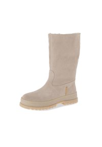 Bota de ante beige hasta la rodilla con un suave forro interior, punta redonda y suela de goma flexible con textura en la plantilla para mayor agarre.