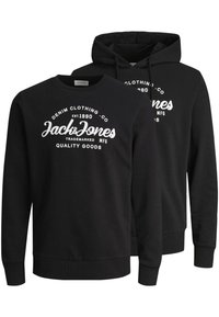 Schwarzes Baumwoll-Sweatshirt und Hoodie-Set mit weißem "Jack & Jones" Logo, Rundhalsausschnitt, langen Ärmeln sowie gerippten Bündchen und Saum.