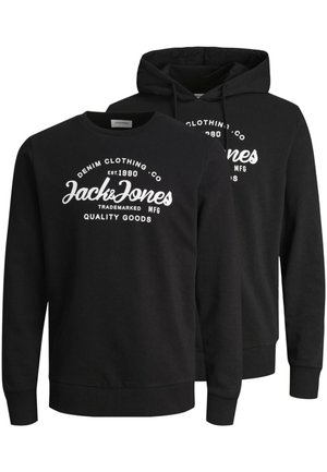 Black cotton sweatshirt and hoodie set featuring white "Jack & Jones" logo, crew neck, long sleeves, and ribbed cuffs and hem.