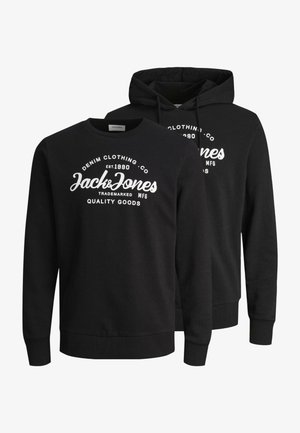 Black cotton sweatshirt and hoodie set featuring white "Jack & Jones" logo, crew neck, long sleeves, and ribbed cuffs and hem.