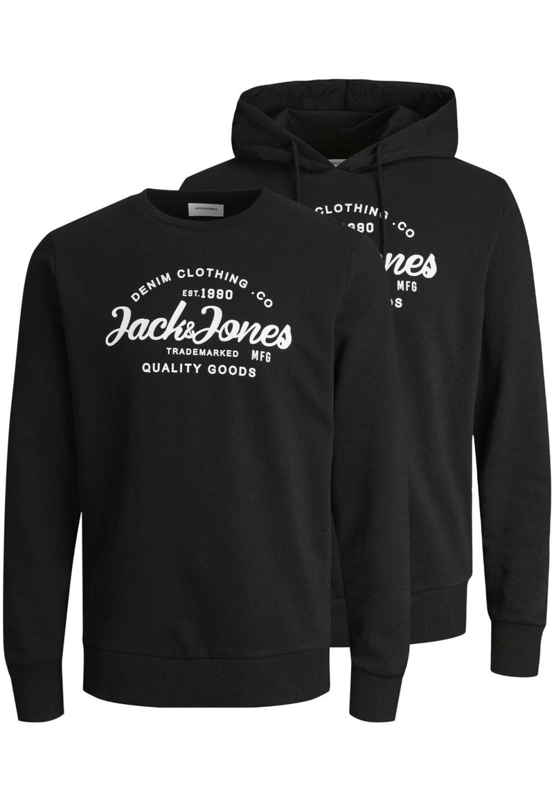 Schwarzes Baumwoll-Sweatshirt und Hoodie-Set mit weißem "Jack & Jones" Logo, Rundhalsausschnitt, langen Ärmeln sowie gerippten Bündchen und Saum.