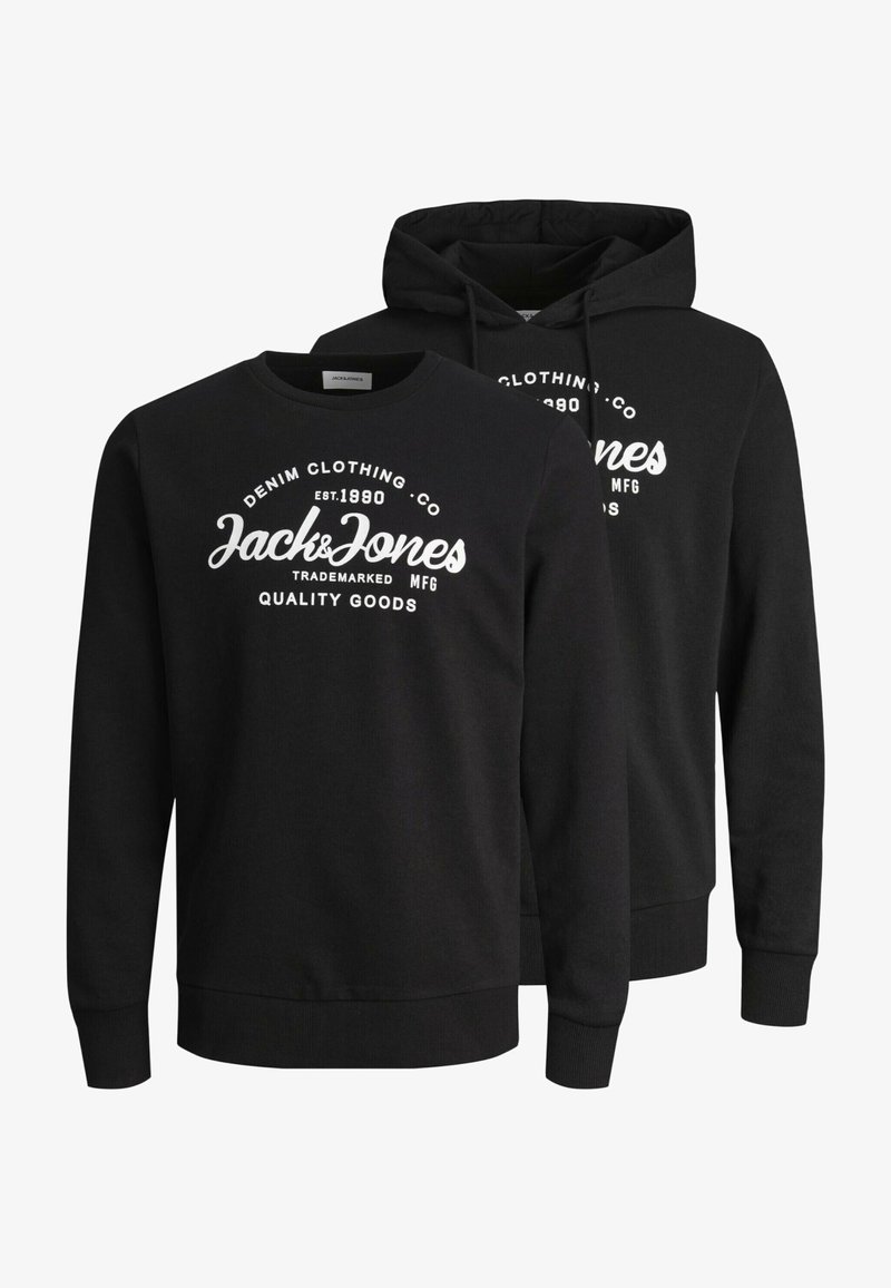 Schwarzes Baumwoll-Sweatshirt und Hoodie-Set mit weißem "Jack & Jones" Logo, Rundhalsausschnitt, langen Ärmeln sowie gerippten Bündchen und Saum.
