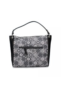 Grijze en zwarte totebag met geometrisch patroon, met rits, voorvak en korte schouderriem. Gemaakt van textiel en leer.