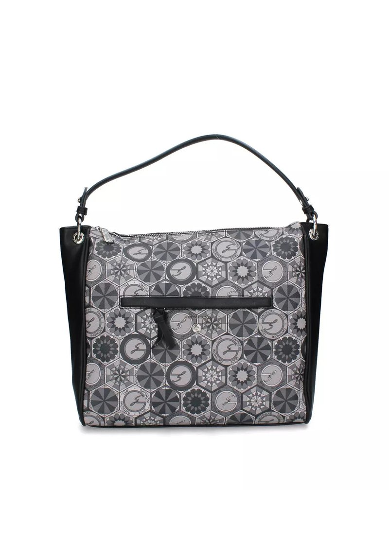Grijze en zwarte totebag met geometrisch patroon, met rits, voorvak en korte schouderriem. Gemaakt van textiel en leer.
