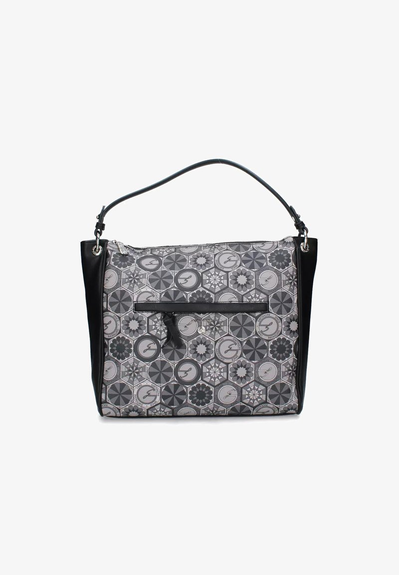 Grå og sort tote bag med geometrisk mønster, lynlåslukning, frontlomme og kort skulderrem. Fremstillet af tekstureret stof og læder.