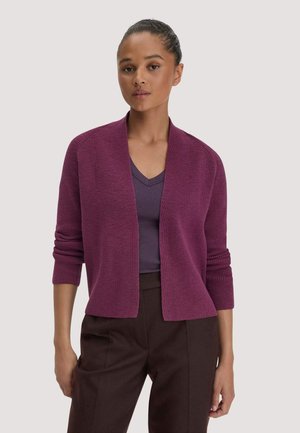 Frau mit zurückgebundenem Haar, die eine lila offene Strickjacke über einem dunkelvioletten V-Ausschnitt-Top und dunkelbraunen Hosen vor einem einfarbigen Hintergrund trägt.