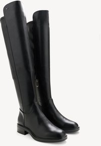 Schwarze Leder-Stiefel bis zum Knie mit glatter Textur, quadratischer Zehenform und seitlichem Reißverschluss. Robuster Blockabsatz und minimalistisches Design.