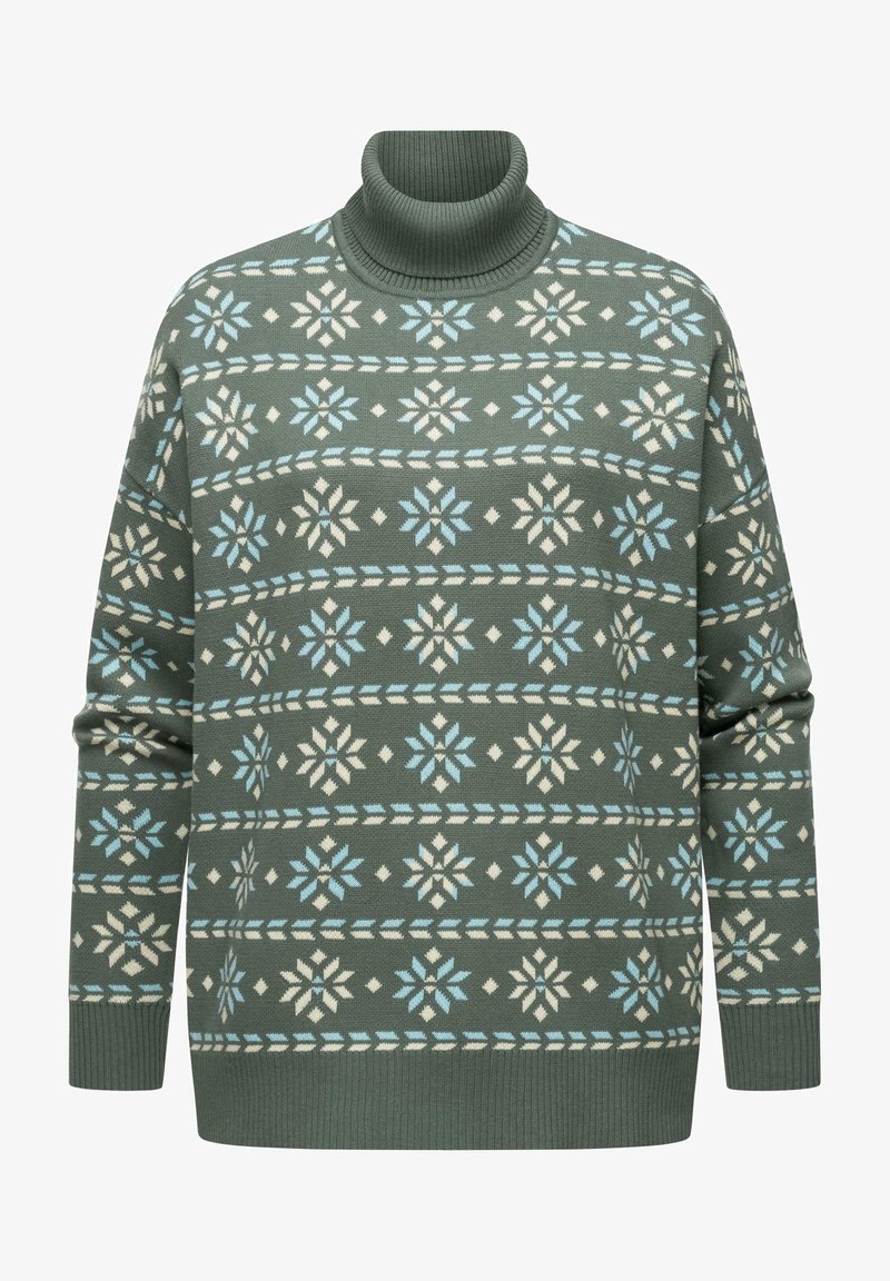 Pull à col roulé en tricot vert foncé, avec des motifs de flocons de neige blancs et bleu clair et des rayures horizontales. Texture douce.