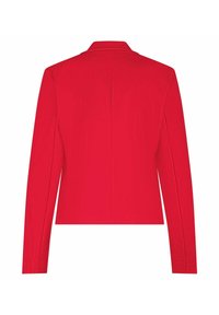 Rode blazer met lange mouwen, gestructureerde schouders en een rechte zoom, weergegeven vanuit de achterkant op een witte achtergrond.