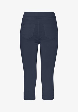 Marineblauwe cropped broek met twee achterzakken, rechte pijpen en een gestikte tailleband op een witte achtergrond.